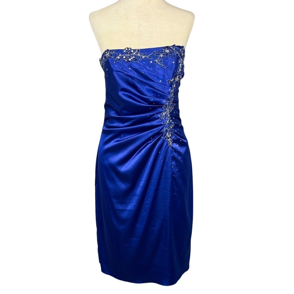 Jump Apparel Royal Blue Satin Strapless Ruched Sequin Cocktail Dress Size 7/8